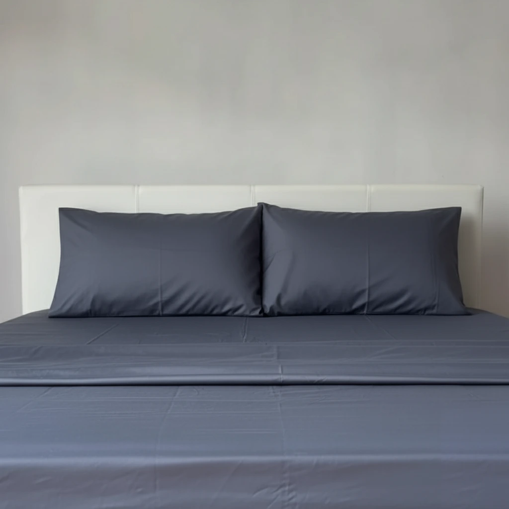 Midnight bamboo sheet set with matching pillowcases on a neatly made bed.