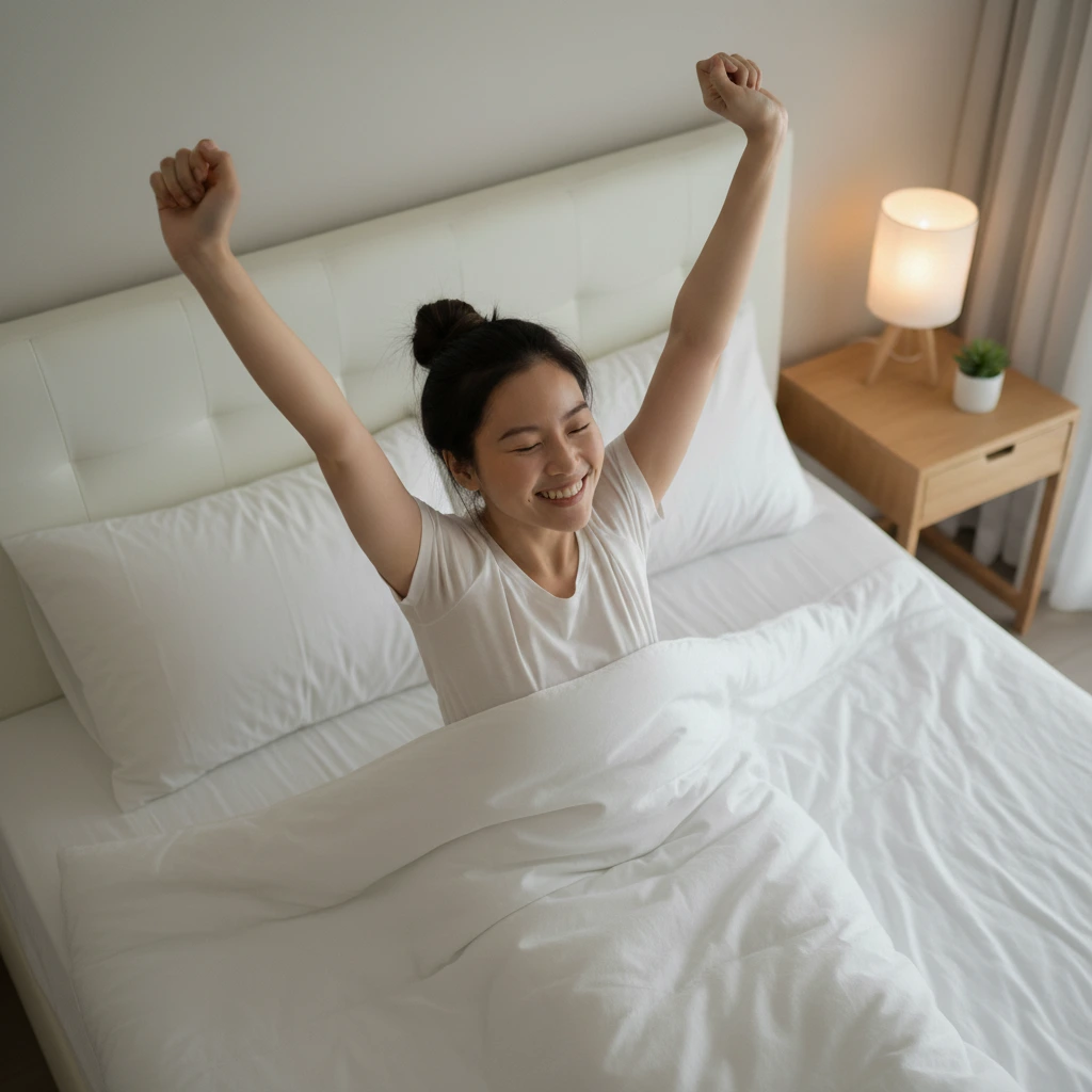 A woman waking up refreshed and smiling on a neatly made bed with white bedding, symbolizing restful sleep from the Kosy Sleep Wellness Bundle.