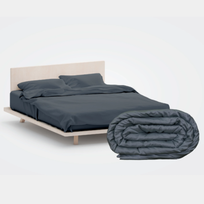 Midnight Kosy Iced Bundle featuring a luxurious bamboo bedding set and weighted blanket in a sophisticated dark grey.
