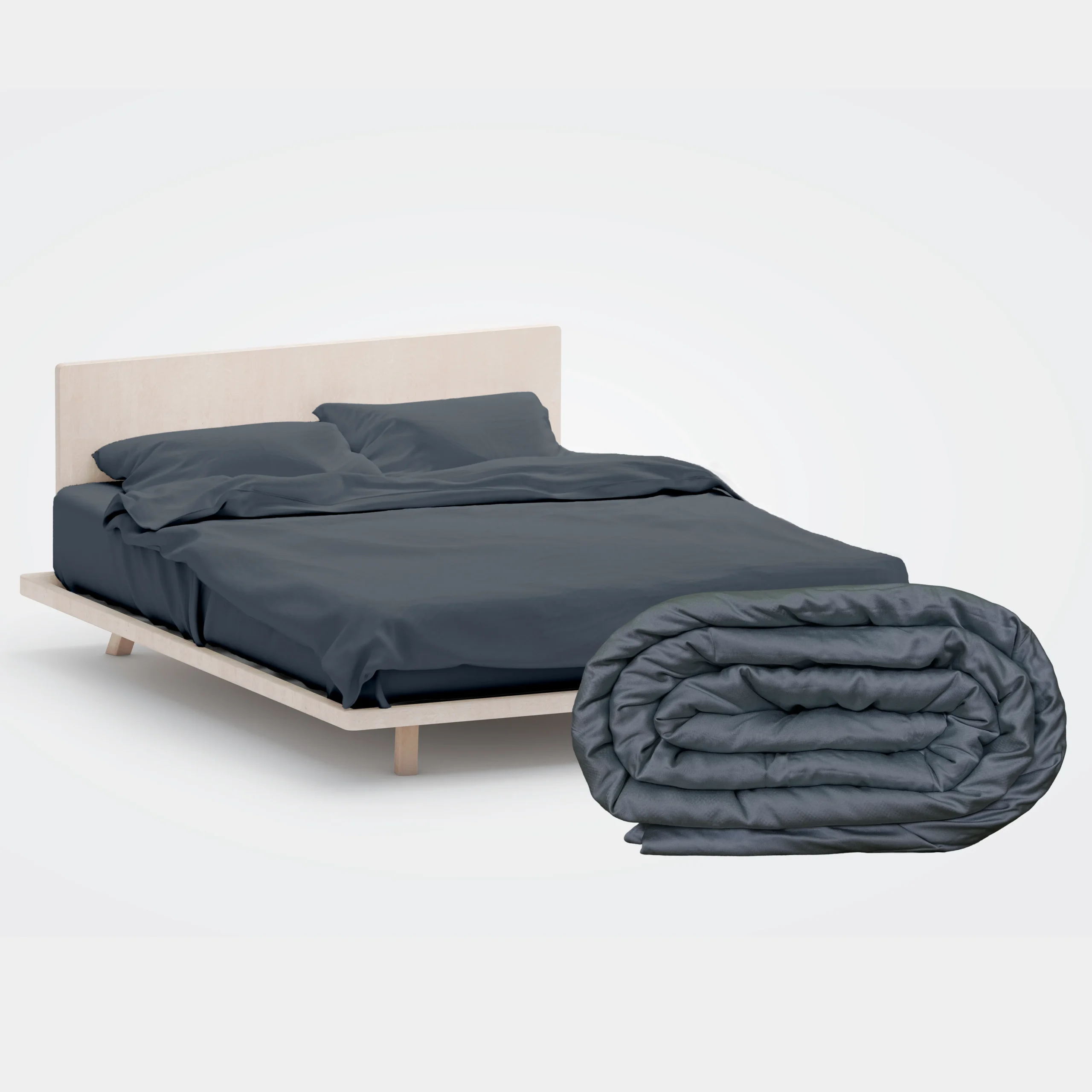 Midnight Kosy Iced Bundle featuring a luxurious bamboo bedding set and weighted blanket in a sophisticated dark grey.