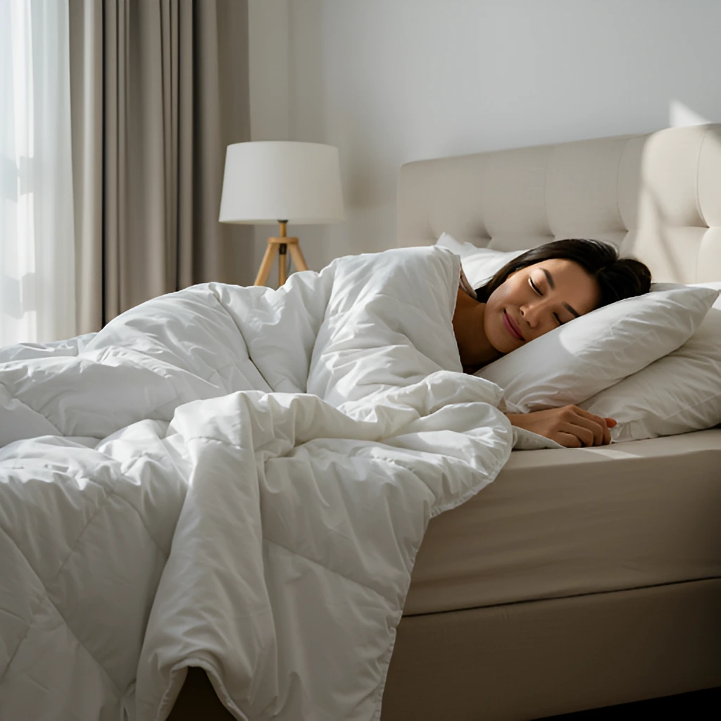 Woman sleeping peacefully under a soft white bamboo duvet in a bright, cozy bedroom.