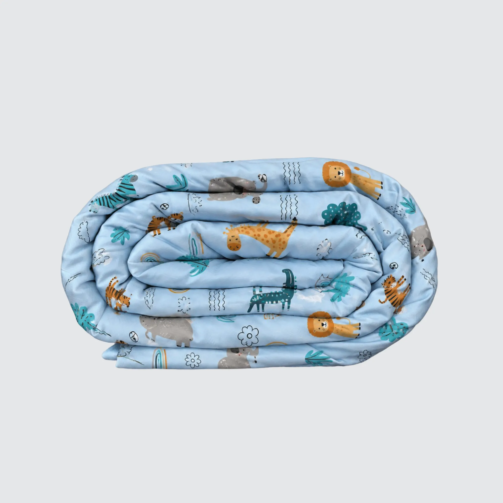 kids weighted blanket with a playful safari animal print